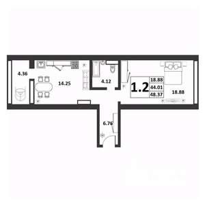 1-к квартира, строящийся дом, 44м2, 3/9 этаж