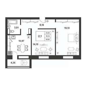 2-к квартира, строящийся дом, 56м2, 9/9 этаж