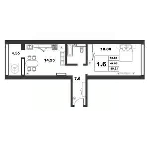 1-к квартира, строящийся дом, 44м2, 5/9 этаж