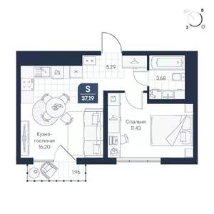 1-к квартира, строящийся дом, 37м2, 7/8 этаж