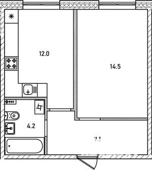 1-к квартира, строящийся дом, 38м2, 1/12 этаж