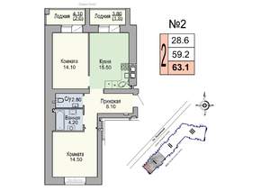 2-к квартира, строящийся дом, 59м2, 1/7 этаж