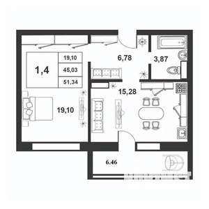 1-к квартира, строящийся дом, 45м2, 8/9 этаж