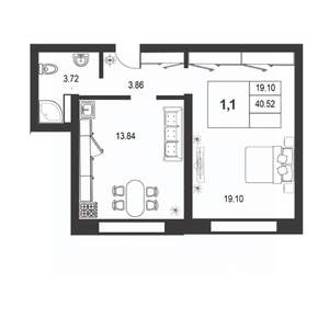 1-к квартира, строящийся дом, 40м2, 1/9 этаж
