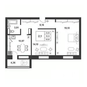 2-к квартира, строящийся дом, 56м2, 5/9 этаж