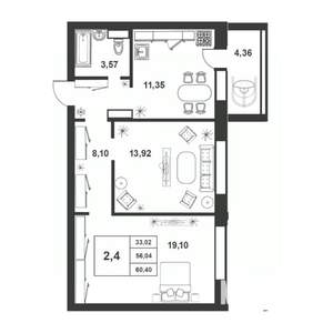 2-к квартира, строящийся дом, 56м2, 2/9 этаж