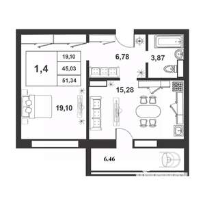 1-к квартира, строящийся дом, 45м2, 9/9 этаж