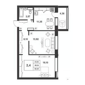 2-к квартира, строящийся дом, 56м2, 9/9 этаж