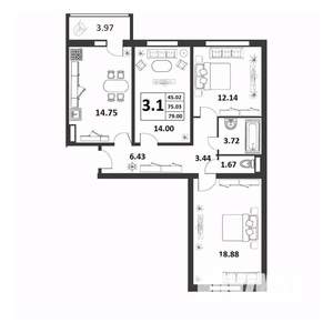 3-к квартира, строящийся дом, 75м2, 2/9 этаж