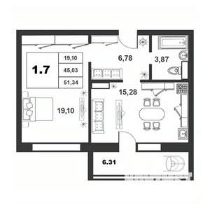 1-к квартира, строящийся дом, 45м2, 4/9 этаж