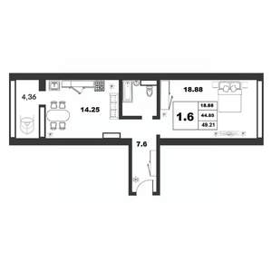 1-к квартира, строящийся дом, 45м2, 6/9 этаж