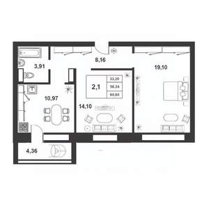 2-к квартира, строящийся дом, 56м2, 9/9 этаж