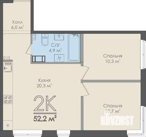 2-к квартира, строящийся дом, 52м2, 7/9 этаж