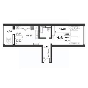 1-к квартира, строящийся дом, 44м2, 2/9 этаж