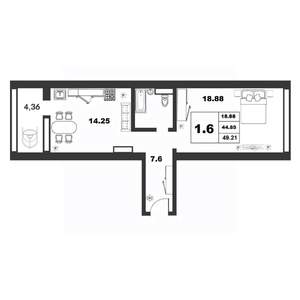 1-к квартира, строящийся дом, 44м2, 6/9 этаж