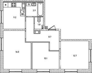 3-к квартира, строящийся дом, 62м2, 4/12 этаж