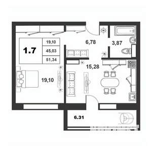 1-к квартира, строящийся дом, 45м2, 4/9 этаж