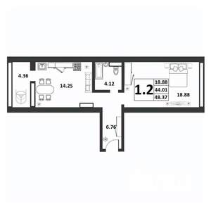 1-к квартира, строящийся дом, 44м2, 5/9 этаж