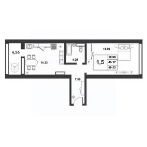1-к квартира, строящийся дом, 45м2, 7/9 этаж