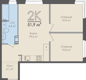 2-к квартира, строящийся дом, 52м2, 7/9 этаж