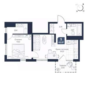 1-к квартира, строящийся дом, 43м2, 1/8 этаж