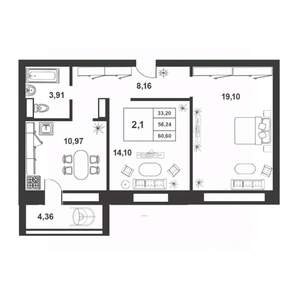 2-к квартира, строящийся дом, 56м2, 3/9 этаж
