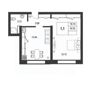 1-к квартира, строящийся дом, 40м2, 1/9 этаж
