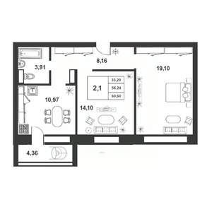 2-к квартира, строящийся дом, 56м2, 9/9 этаж