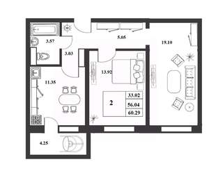 2-к квартира, строящийся дом, 56м2, 8/9 этаж
