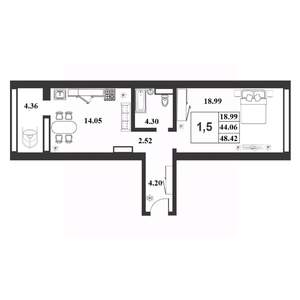 1-к квартира, строящийся дом, 44м2, 9/9 этаж