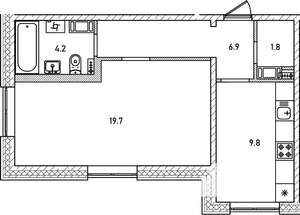 1-к квартира, строящийся дом, 42м2, 4/12 этаж
