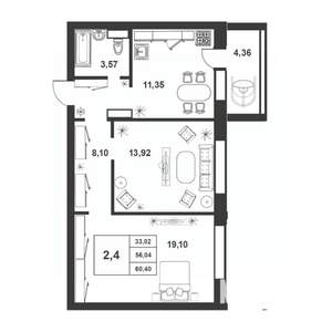2-к квартира, строящийся дом, 56м2, 8/9 этаж