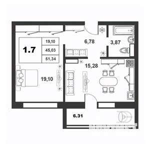 1-к квартира, вторичка, 45м2, 7/9 этаж