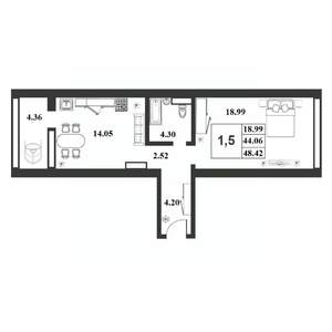 1-к квартира, строящийся дом, 44м2, 6/9 этаж