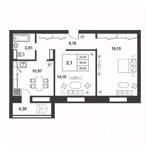 2-к квартира, строящийся дом, 56м2, 5/9 этаж