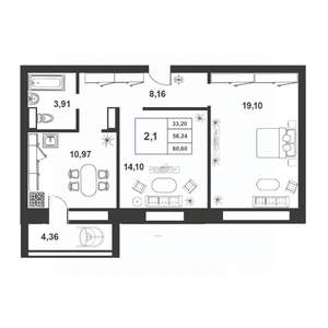 2-к квартира, строящийся дом, 56м2, 7/9 этаж