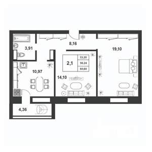 2-к квартира, строящийся дом, 56м2, 6/9 этаж