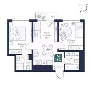 2-к квартира, строящийся дом, 49м2, 2/8 этаж