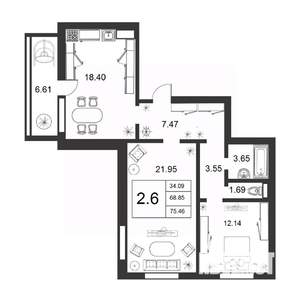 3-к квартира, строящийся дом, 69м2, 8/9 этаж