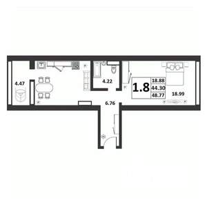 1-к квартира, строящийся дом, 44м2, 1/9 этаж