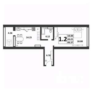 1-к квартира, вторичка, 44м2, 6/9 этаж