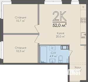 2-к квартира, строящийся дом, 52м2, 5/9 этаж