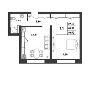 1-к квартира, строящийся дом, 41м2, 1/9 этаж
