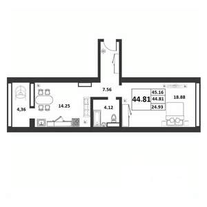 1-к квартира, строящийся дом, 45м2, 3/9 этаж