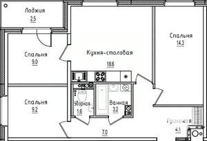 3-к квартира, строящийся дом, 70м2, 4/12 этаж