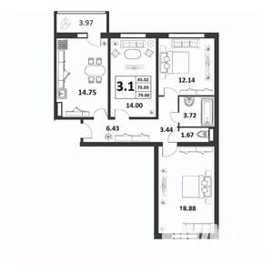 3-к квартира, строящийся дом, 75м2, 1/9 этаж