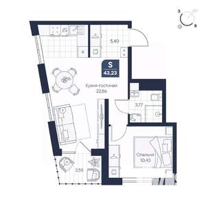 1-к квартира, строящийся дом, 43м2, 5/8 этаж