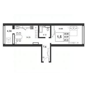 1-к квартира, строящийся дом, 45м2, 4/9 этаж