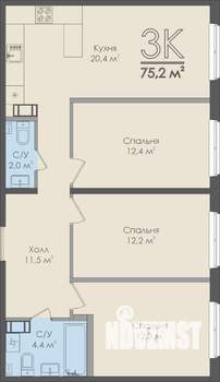 3-к квартира, строящийся дом, 75м2, 8/12 этаж