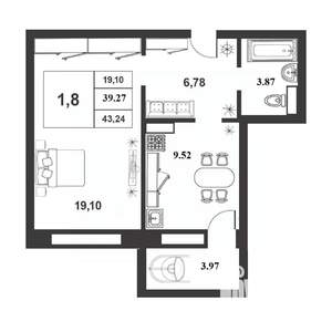 1-к квартира, строящийся дом, 39м2, 1/9 этаж